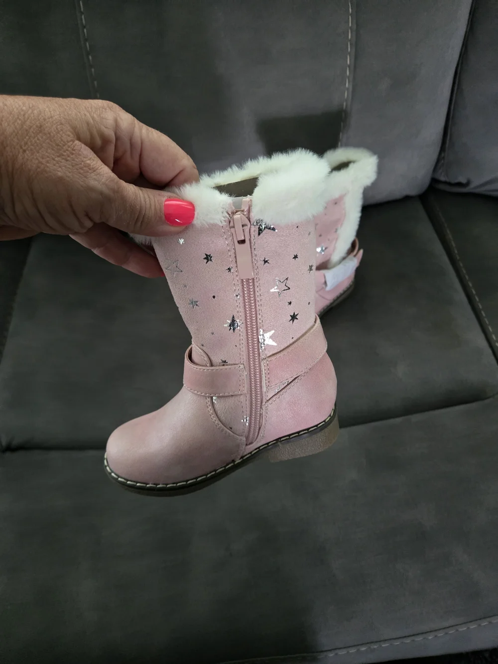 Kids Pink Faux-Fur Star Embossed Boots